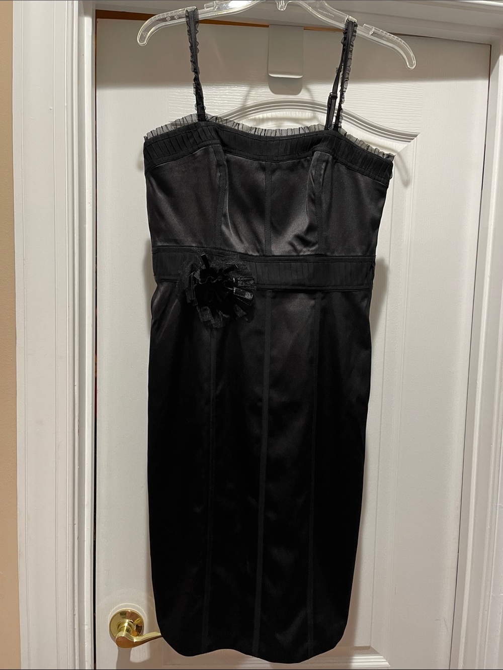 Diane Von Furstenberg Black Satin Strapless Sheath Dress with Floral Accent
